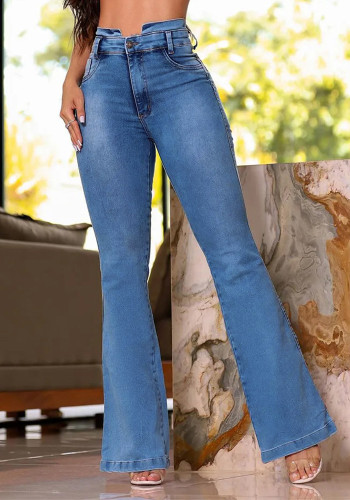 Spring Washed Denim Pants For Women Slim High Waist Bell Bottom Jeans