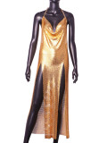 Women's Nightclub Sexy Halter Neck Strap Low Back Metal High Slit Dress