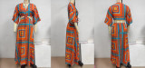 Women Color Block Bat Sleeves Lace-Up Maxi Dress