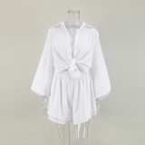 Women casual long-sleeved top and ruffled shorts Two Piece Set