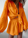 Women casual long-sleeved top and ruffled shorts Two Piece Set