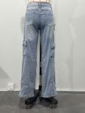 Fashionable Women's Multi-Pocket Cut Out Diamond Denim Pants