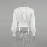 Women shiny satin long-sleeved v-neck crop shirt