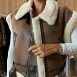 Women Zipper Pu-Leather Furry Patchwork Vest