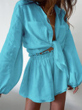 Women casual long-sleeved top and ruffled shorts Two Piece Set
