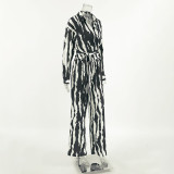 Women autumn and winter striped print long-sleeved top and trousers Two Piece Set
