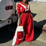 Women Sports Woven Colorblock Top and Pant Two Piece Set