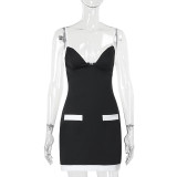 Women sexy contrast color V-neck suspender dress