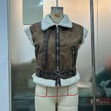 Women Zipper Pu-Leather Furry Patchwork Vest
