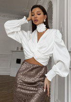 Women shiny satin long-sleeved v-neck crop shirt Women shiny satin long-sleeved v-neck crop shirt