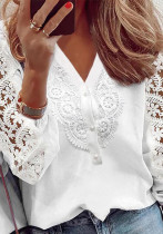 Women Solid Button Lace Patchwork V-neck shirt Women Solid Button Lace Patchwork V-neck shirt