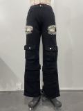 Fashionable Women's Multi-Pocket Cut Out Diamond Denim Pants