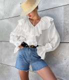 Women Lace Sexy V-Neck Retro Ruffle Shirt