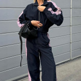 Women American contrast color sports casual jacket trousers Two Piece Set