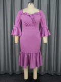 Women Purple Ruffle Edge Square Neck Bell Bottom fishtail dress
