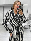 Women autumn and winter striped print long-sleeved top and trousers Two Piece Set