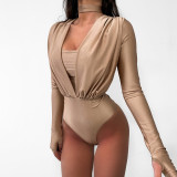 Women Sexy V-Neck Basic Patchwork Long Sleeve Bodysuit