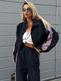 Women American contrast color sports casual jacket trousers Two Piece Set