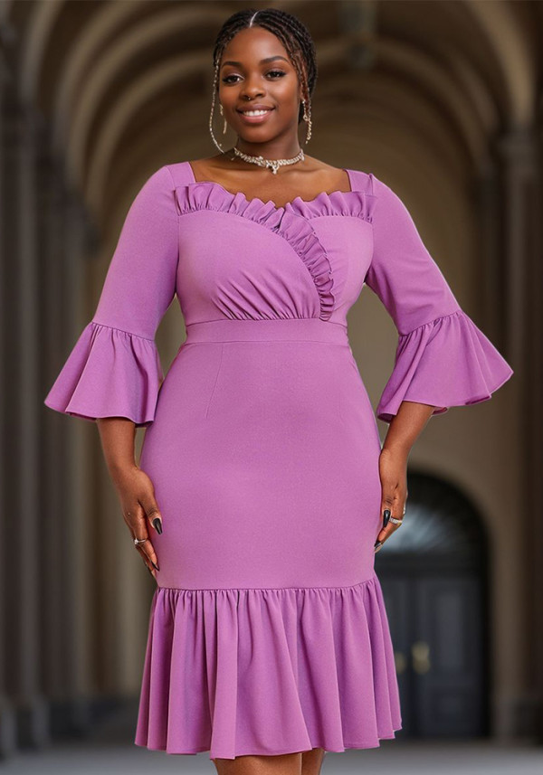 Women Purple Ruffle Edge Square Neck Bell Bottom fishtail dress
