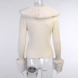 Women knitting fur collar sexy long-sleeved cardigan sweater jacket