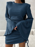 Women sexy Round Neck Bell Bottom sleeve lace-up knitting solid dress