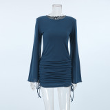 Women sexy Round Neck Bell Bottom sleeve lace-up knitting solid dress