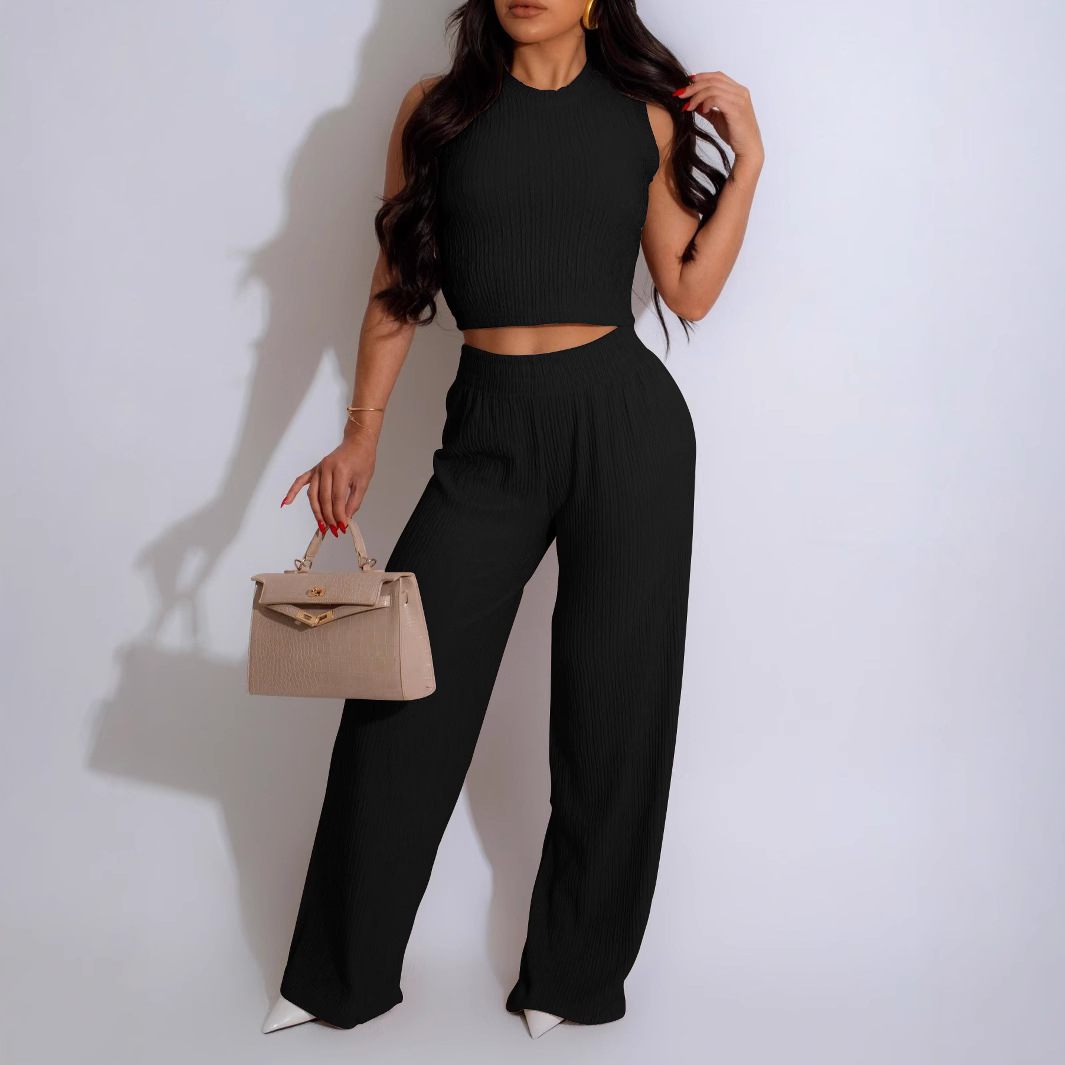 Women Sexy Vest Pleated Pants Two Piece Set