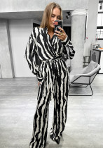 Women autumn and winter striped print long-sleeved top and trousers Two Piece Set