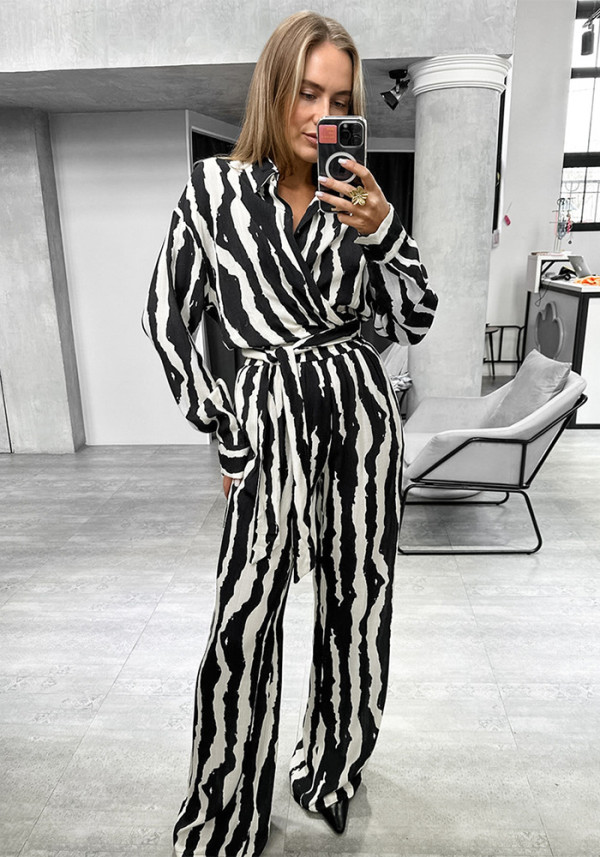 Women autumn and winter striped print long-sleeved top and trousers Two Piece Set