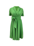 Plus Size Women Cross Turndown Collar Short Sleeve Solid Dress