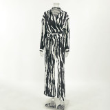 Women autumn and winter striped print long-sleeved top and trousers Two Piece Set