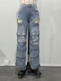 Fashionable Women's Multi-Pocket Cut Out Diamond Denim Pants