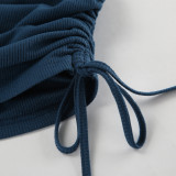 Women sexy Round Neck Bell Bottom sleeve lace-up knitting solid dress
