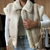 Women Zipper Pu-Leather Furry Patchwork Vest