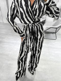 Women autumn and winter striped print long-sleeved top and trousers Two Piece Set