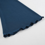 Women sexy Round Neck Bell Bottom sleeve lace-up knitting solid dress