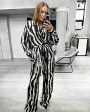Women autumn and winter striped print long-sleeved top and trousers Two Piece Set
