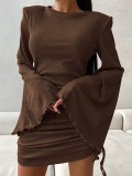 Women sexy Round Neck Bell Bottom sleeve lace-up knitting solid dress