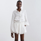 Women casual long-sleeved top and ruffled shorts Two Piece Set
