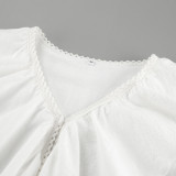 Women Lace Sexy V-Neck Retro Ruffle Shirt