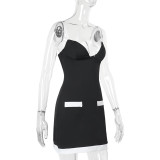 Women sexy contrast color V-neck suspender dress