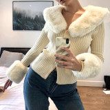 Women knitting fur collar sexy long-sleeved cardigan sweater jacket