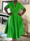 Plus Size Women Cross Turndown Collar Short Sleeve Solid Dress