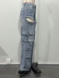 Fashionable Women's Multi-Pocket Cut Out Diamond Denim Pants