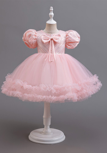 Girls pink sequin dress with puffy skirt and short puff sleeve wedding dress