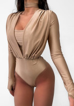 Women Sexy V-Neck Basic Patchwork Long Sleeve Bodysuit
