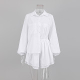 Women casual long-sleeved top and ruffled shorts Two Piece Set