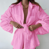 Women casual long-sleeved top and ruffled shorts Two Piece Set