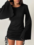 Women sexy Round Neck Bell Bottom sleeve lace-up knitting solid dress