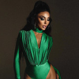 Women Sexy V-Neck Basic Patchwork Long Sleeve Bodysuit